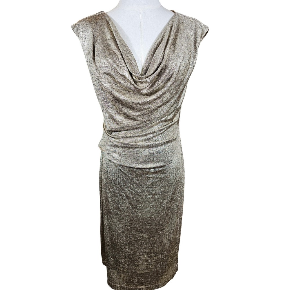 Connected Apparel Metallic Gold Cowl Neck Ruched Sheath Event Dress Size 8